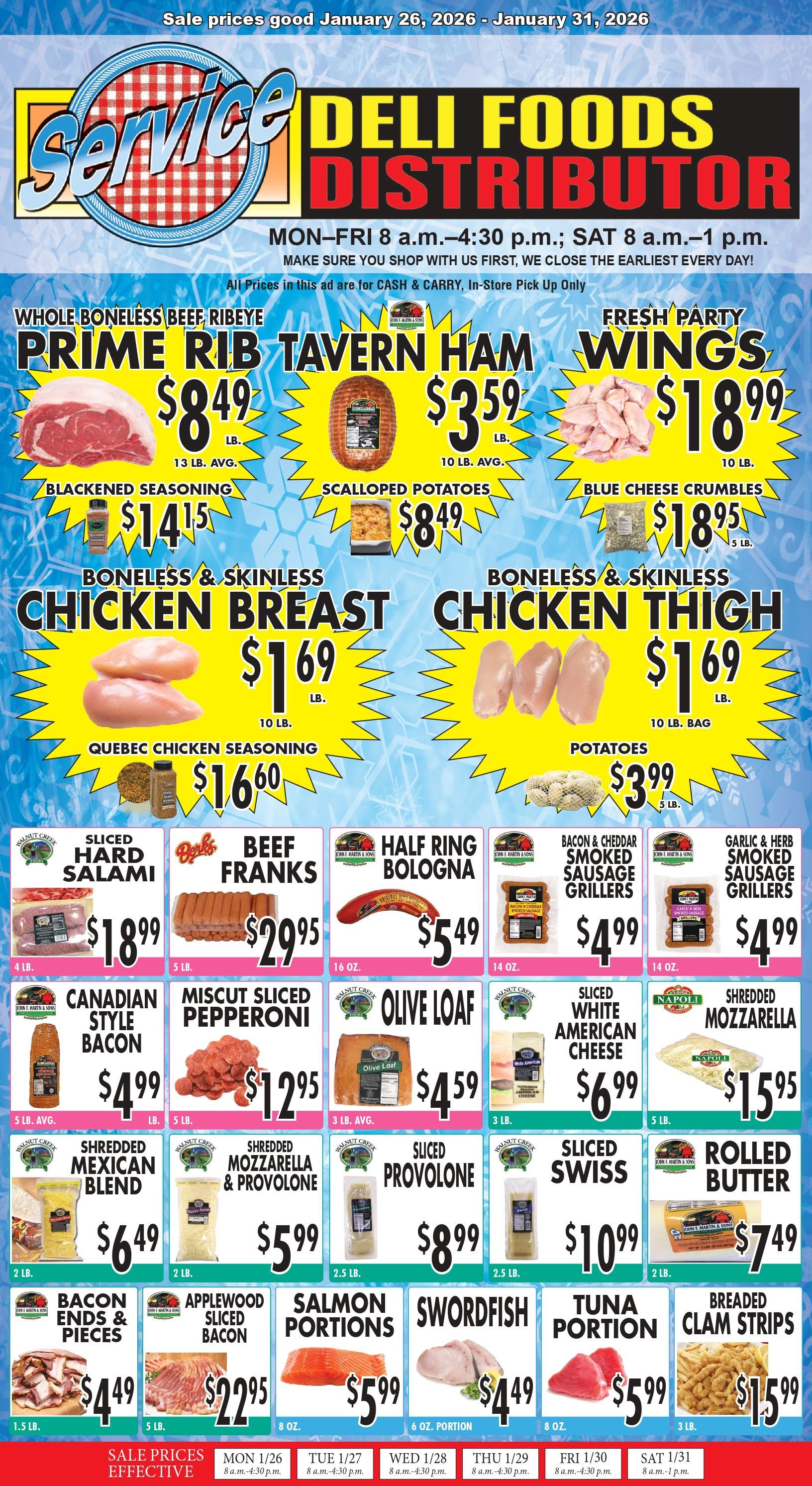 Grocery store deli foods sign with ground beef, chicken breast, pork loins, tenders, and beef brisket prices.