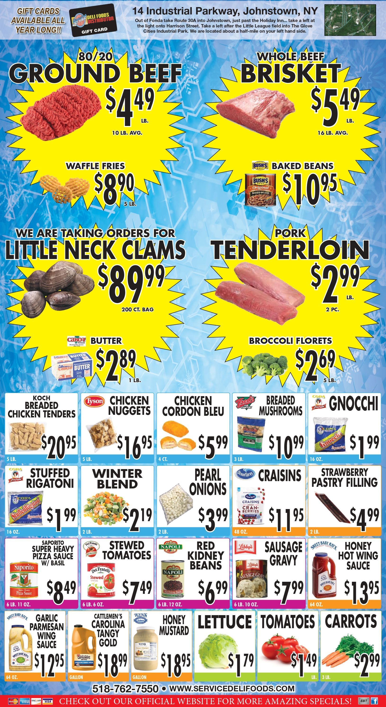 Grocery store ad: clams, wings, pork butt & ribs, sauces, salsa, and prepared foods like chicken.