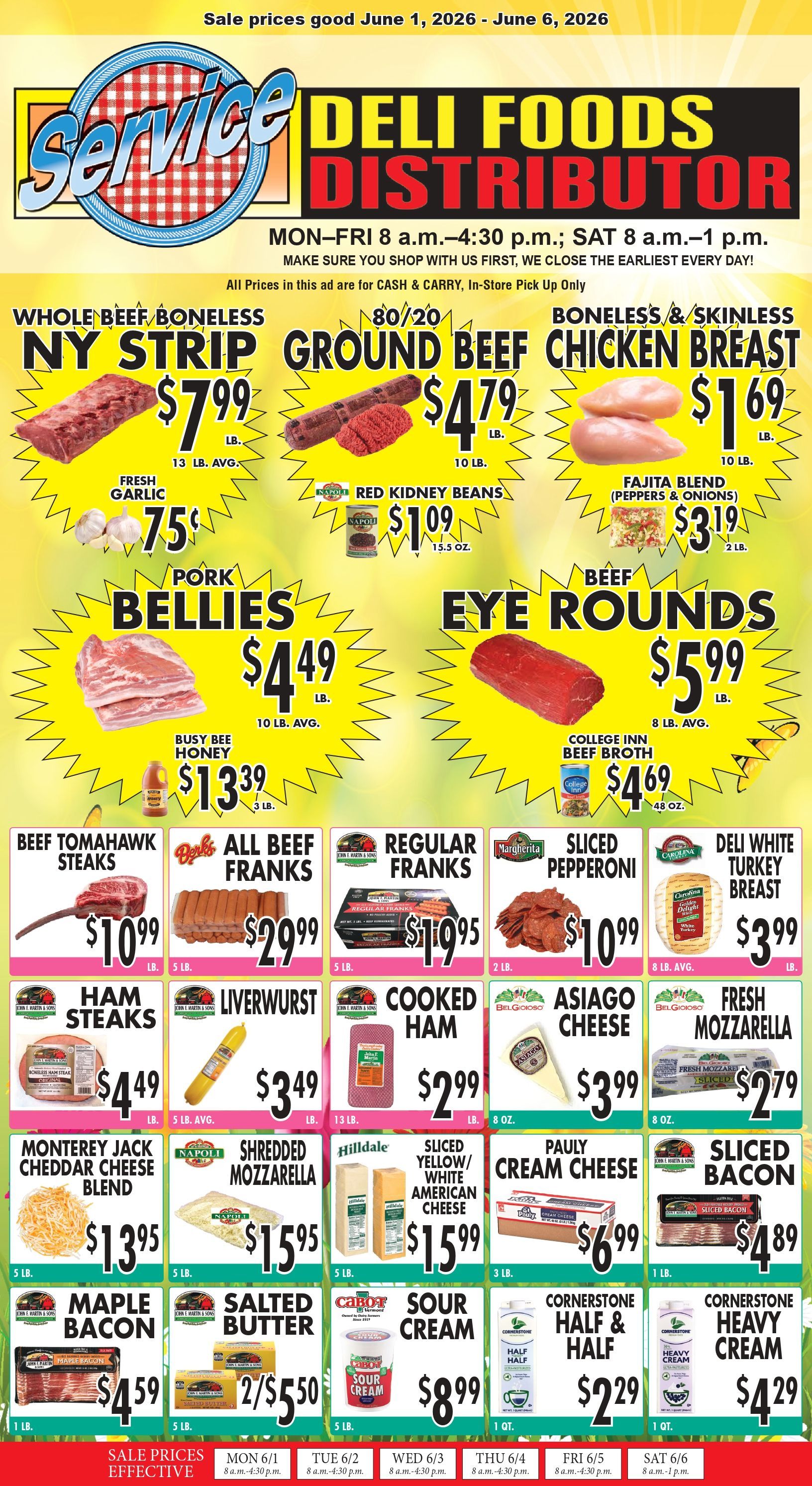 A Deli Foods Distributor flyer advertising discounts on meat, cheese, and grocery items on a yellow background.
