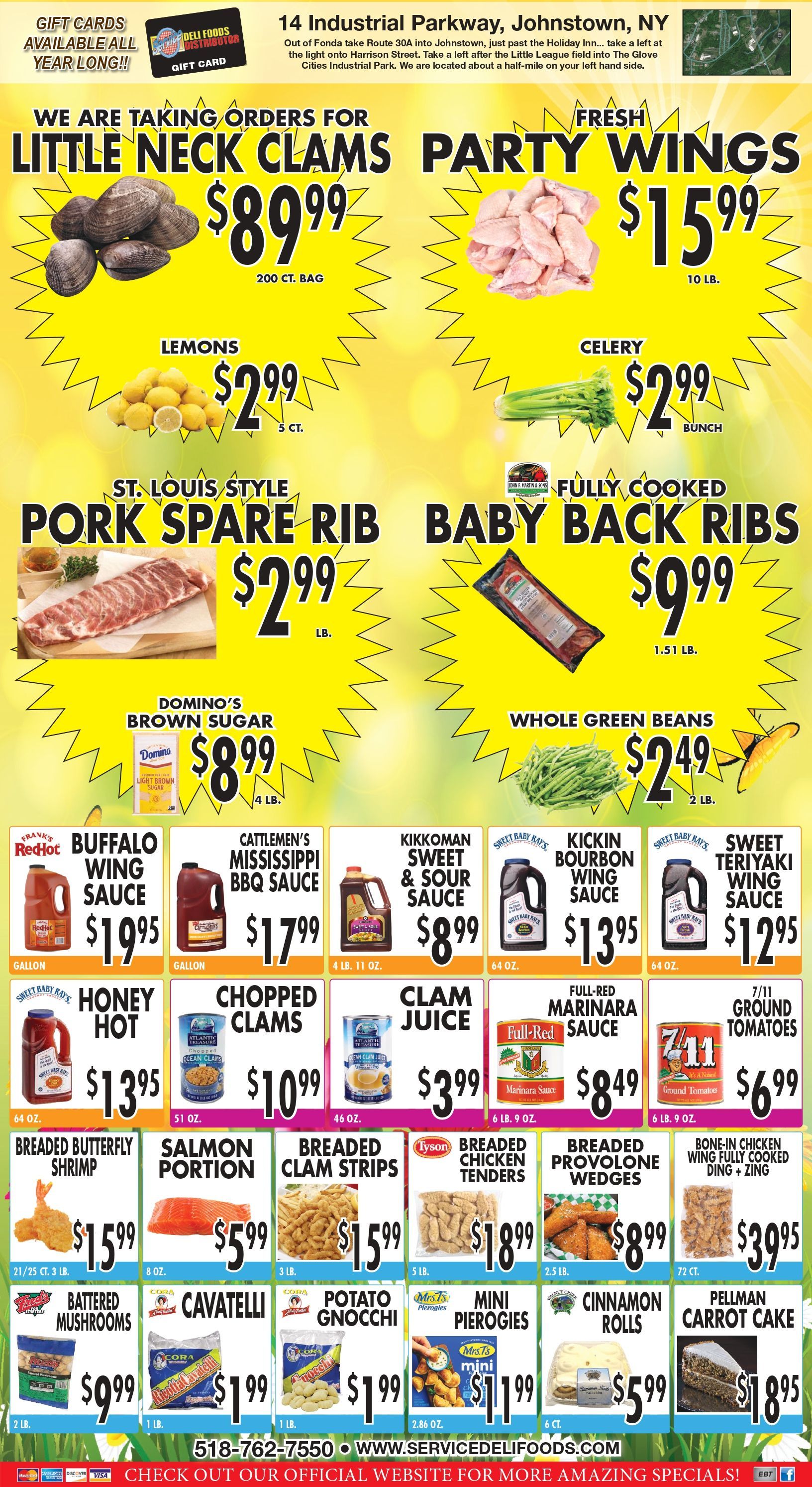 A grocery store flyer advertising various food items like wings, ground beef, eggs, and pantry staples with prices.