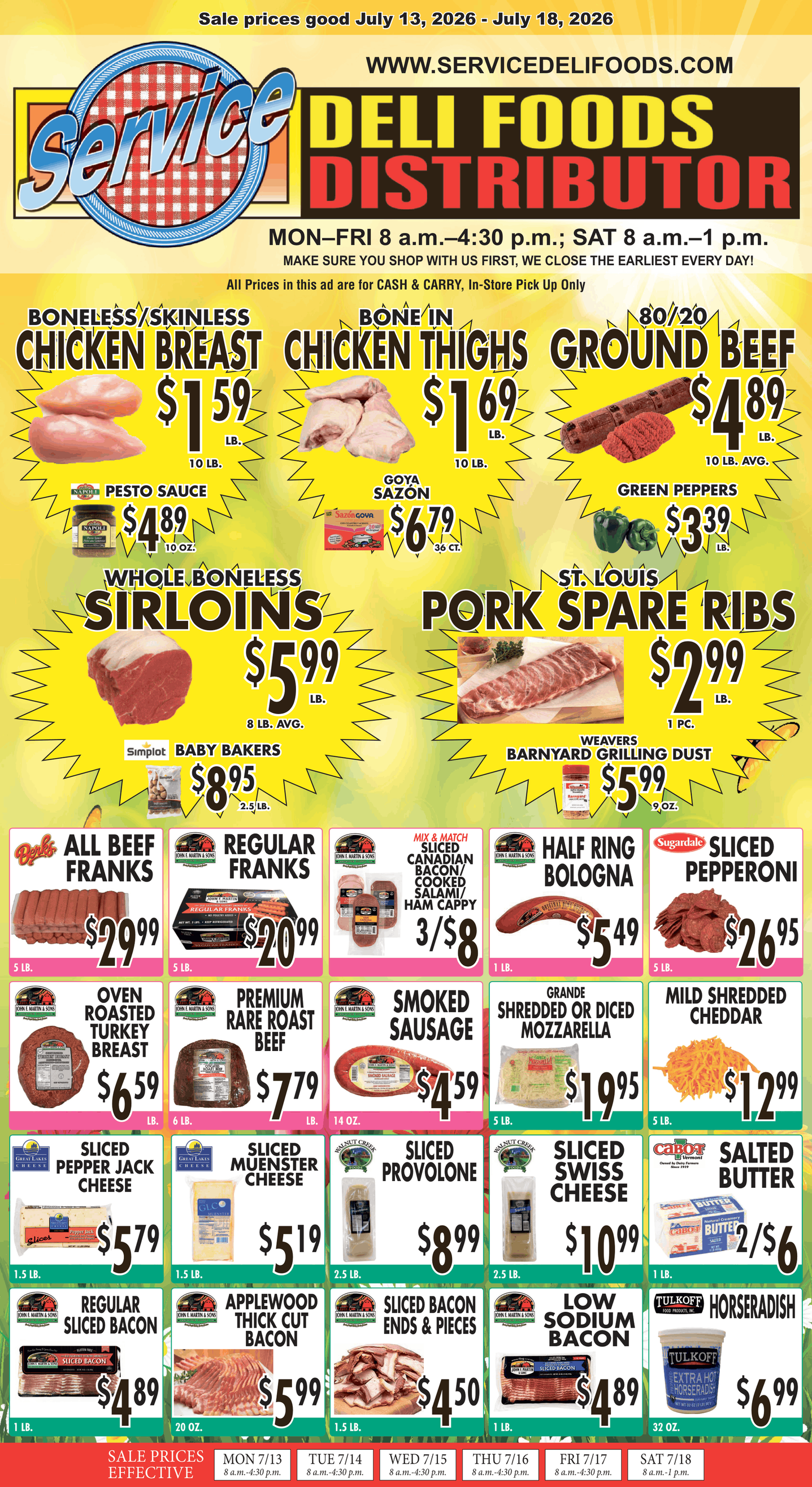 A Deli Foods Distributor flyer advertising discounts on meat, cheese, and grocery items on a yellow background. A Deli Foods Distributor flyer advertising discounts on meat, cheese, and grocery items on a yellow background.
