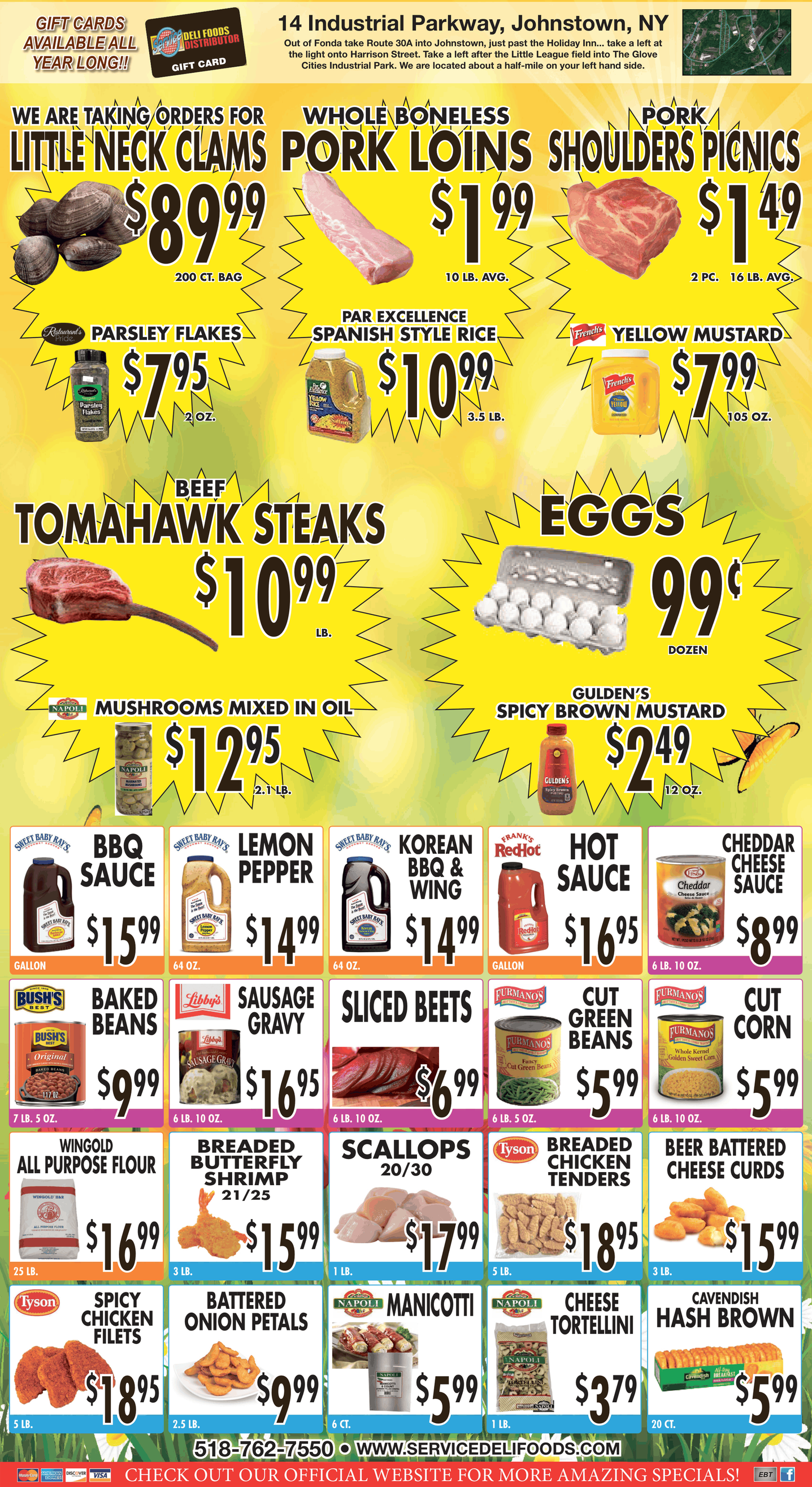 A grocery store flyer advertising various food items like wings, ground beef, eggs, and pantry staples with prices. A grocery store flyer advertising various food items like wings, ground beef, eggs, and pantry staples with prices.