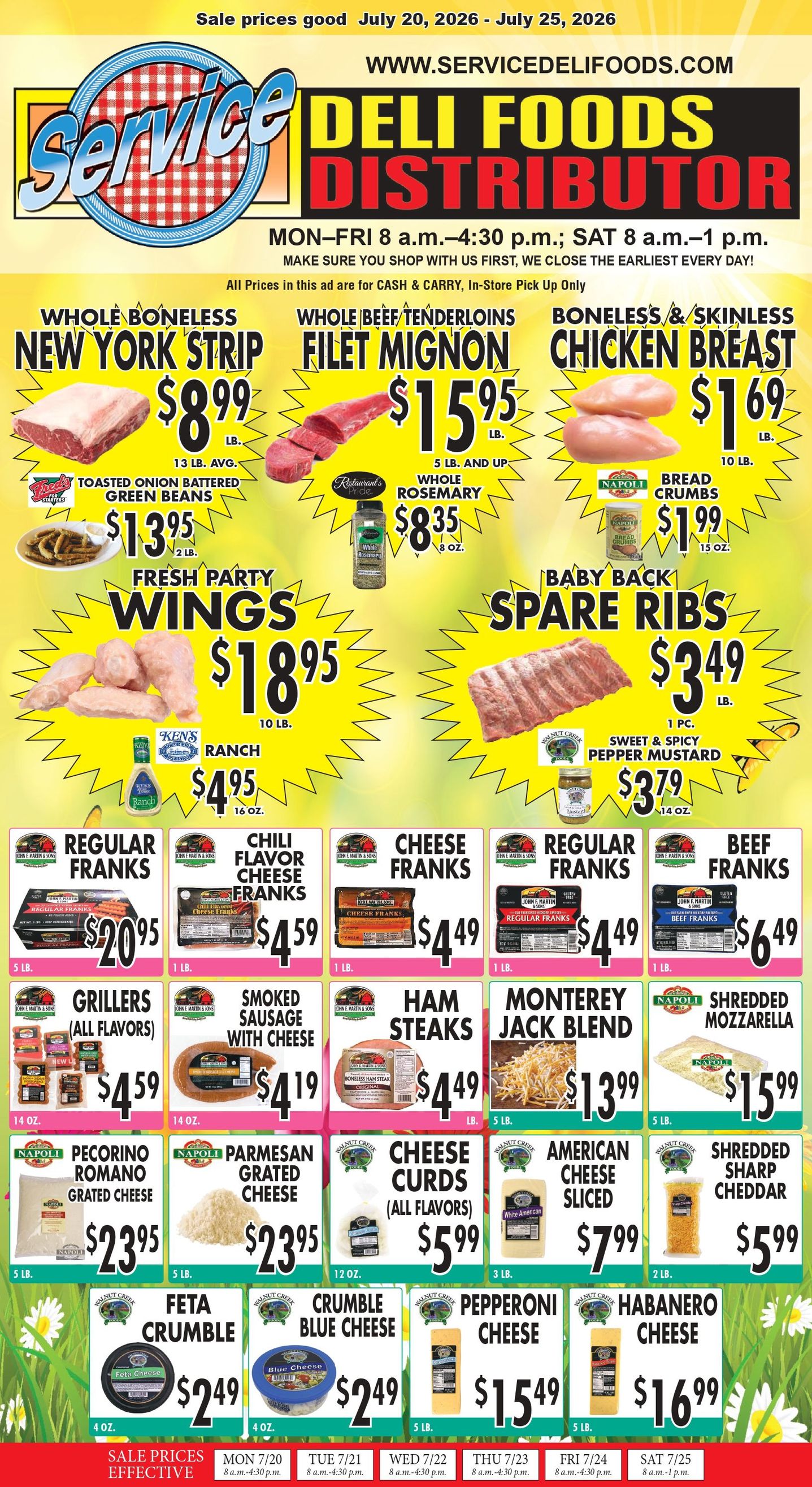 A Deli Foods Distributor flyer advertising discounts on meat, cheese, and grocery items on a yellow background. A Deli Foods Distributor flyer advertising discounts on meat, cheese, and grocery items on a yellow background.