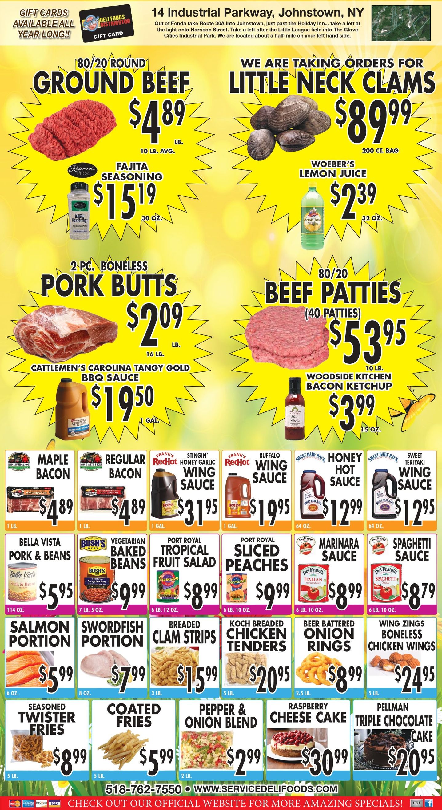 A grocery store flyer advertising various food items like wings, ground beef, eggs, and pantry staples with prices. A grocery store flyer advertising various food items like wings, ground beef, eggs, and pantry staples with prices.