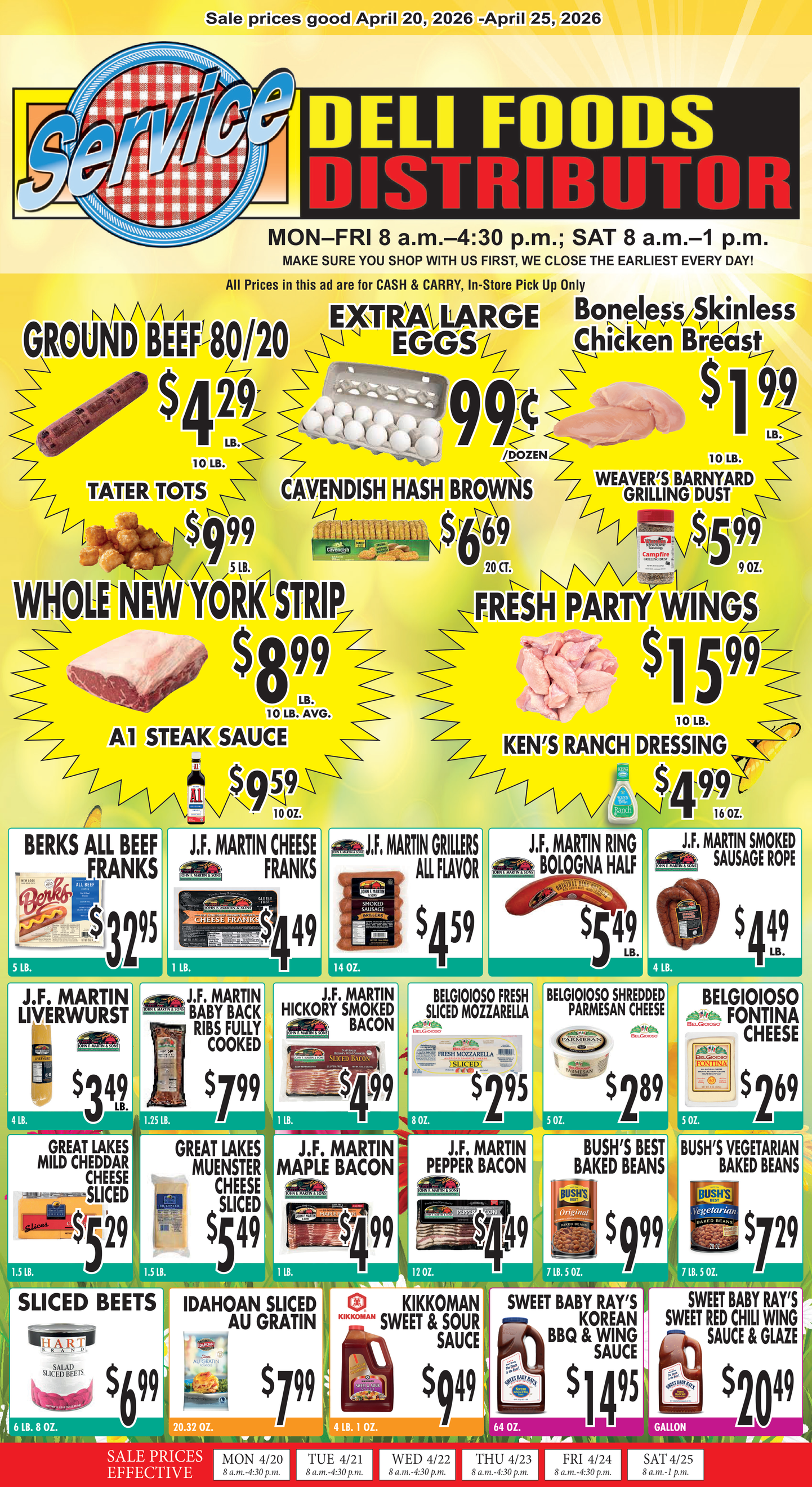 A Deli Foods Distributor flyer advertising discounts on meat, cheese, and grocery items on a yellow background.