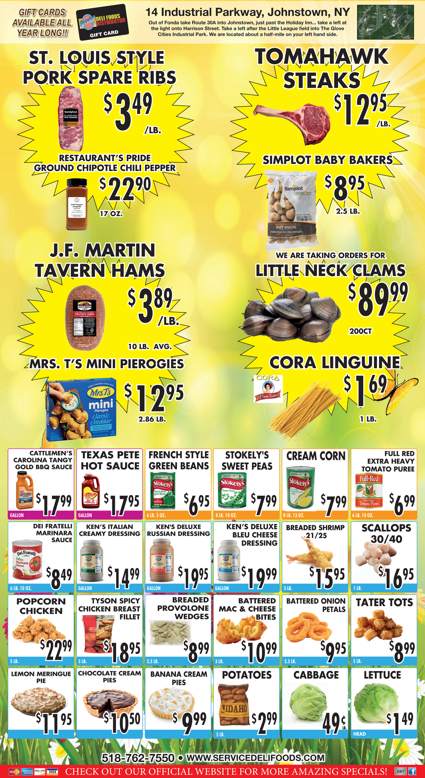 A grocery store flyer advertising various food items like wings, ground beef, eggs, and pantry staples with prices.