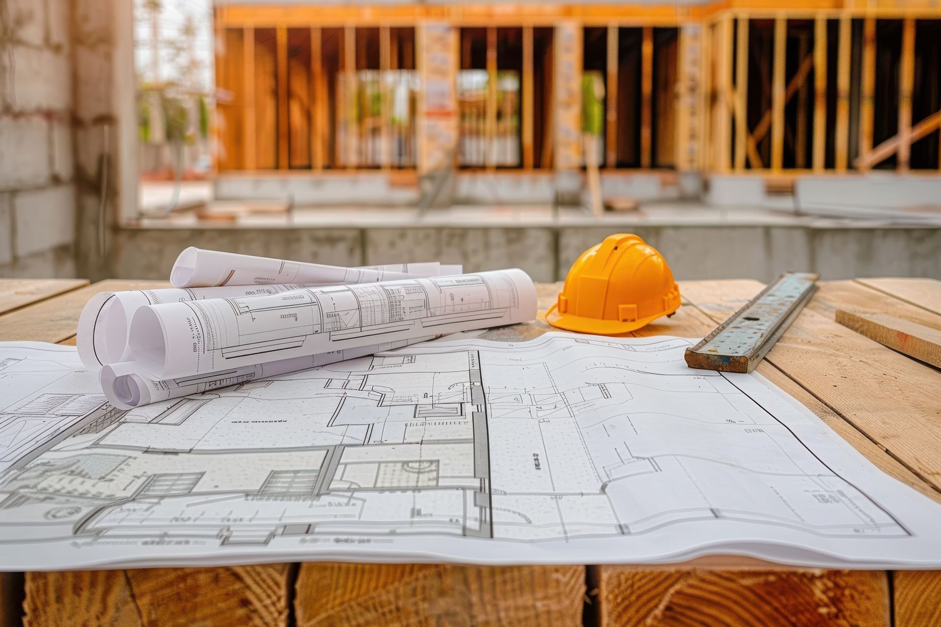 Un casque de sécurité est posé sur une table en bois à côté d'un plan.