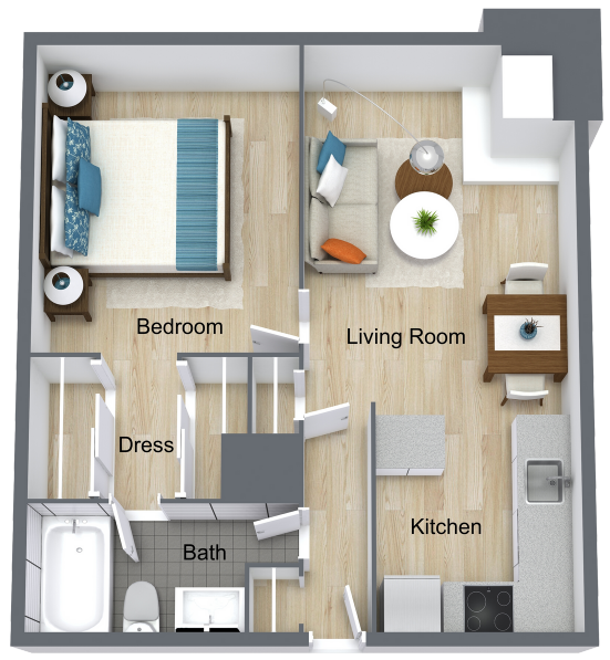 3D floor plan of a small apartment with bedroom, bath, dress area, living room, and kitchen.