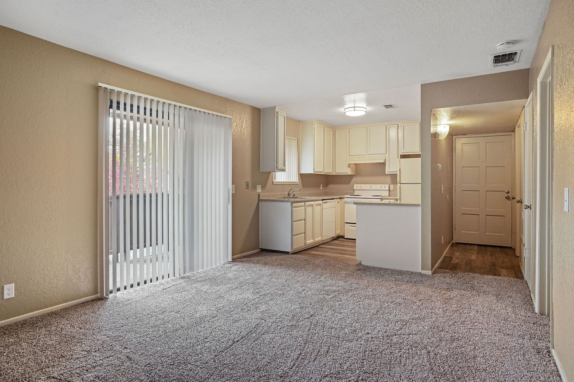Empty beige living room with carpet, sliding glass door, and small kitchen area