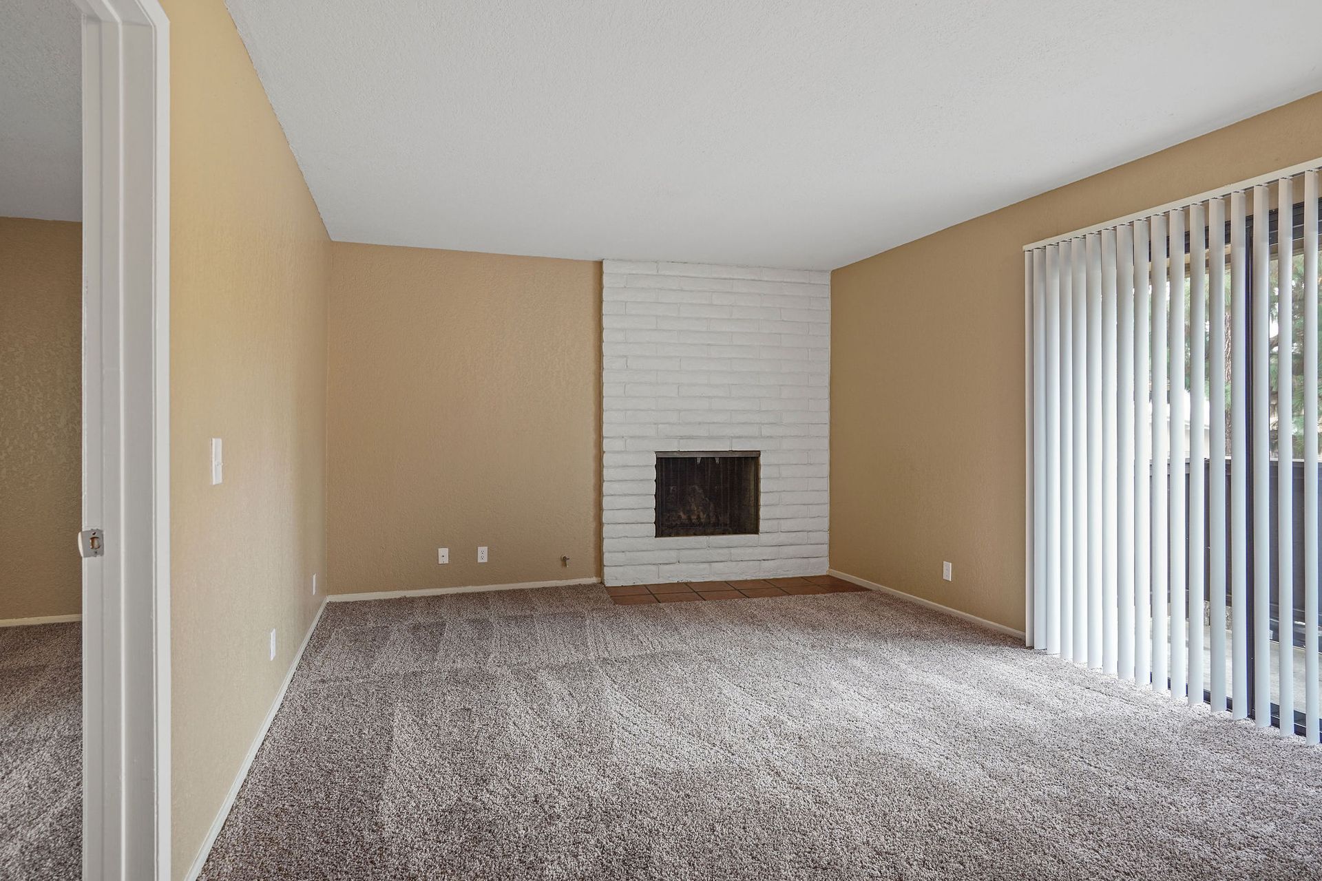 Empty beige living room with carpet, white fireplace, and vertical blinds letting in daylight
