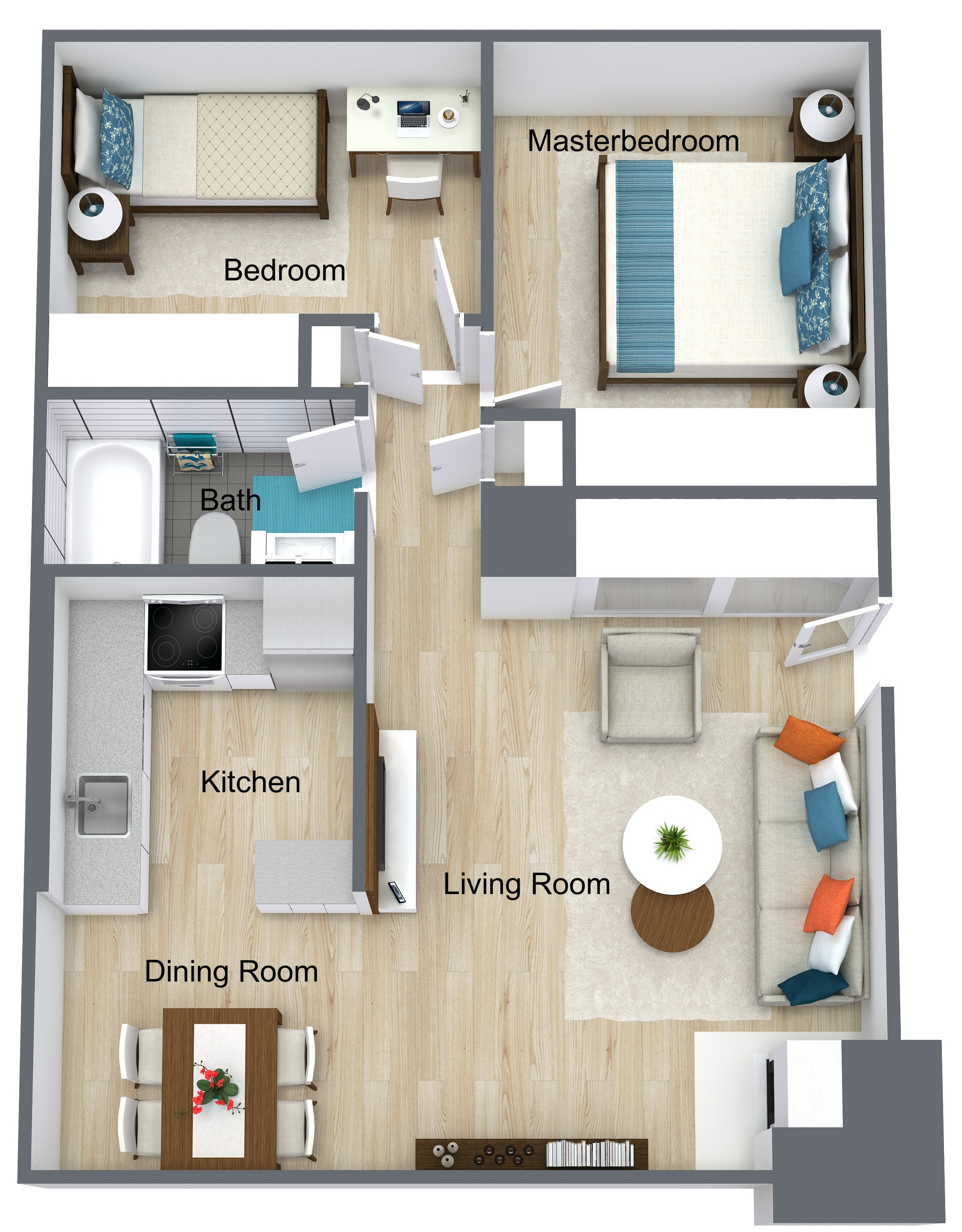 Top-down apartment floor plan with bedroom, bathroom, kitchen, dining room, and living room.