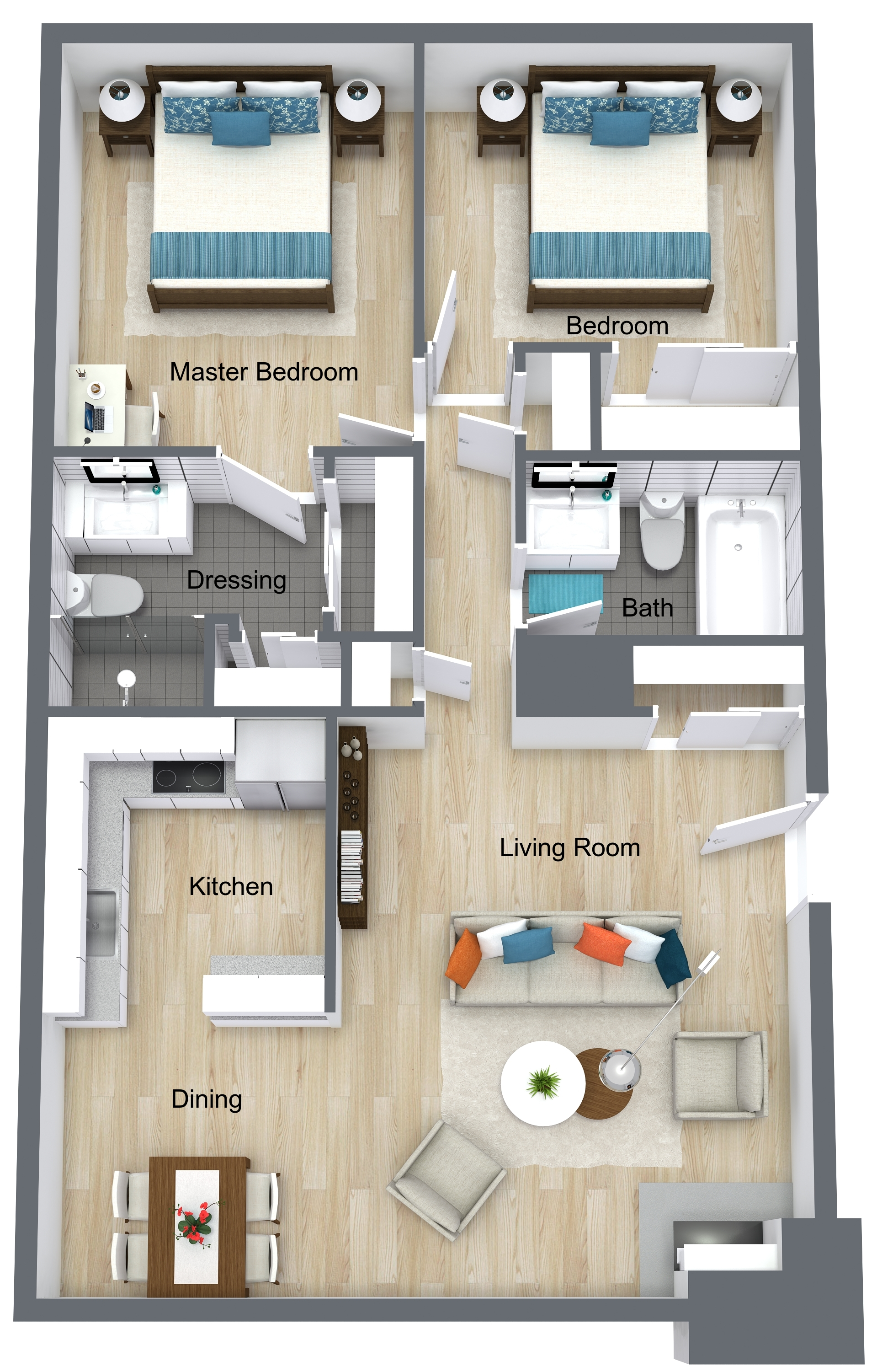 Top-down floor plan of a two-bedroom apartment with living room, kitchen, bath, and balcony.