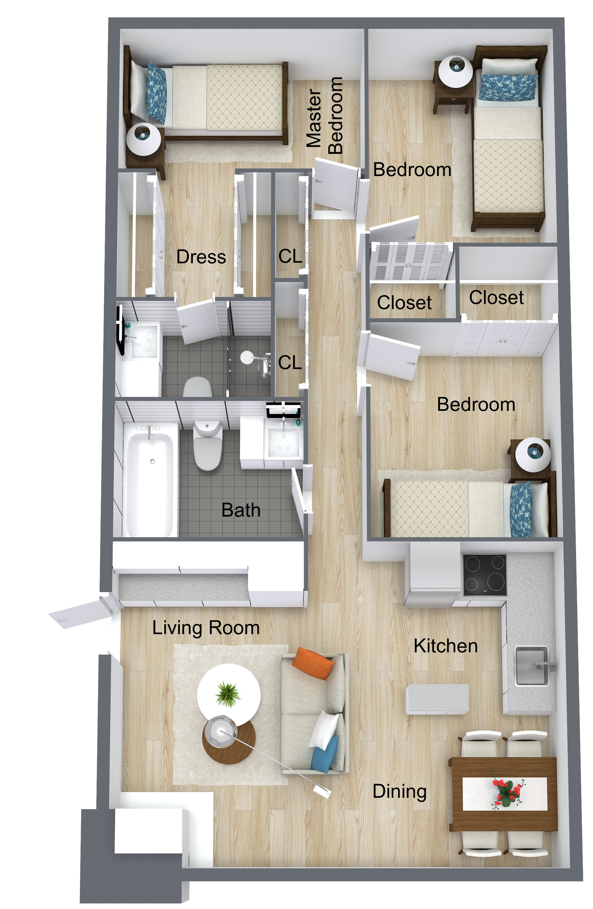 3D apartment floor plan with labeled rooms: living room, kitchen, bath, master, closet, and deck.