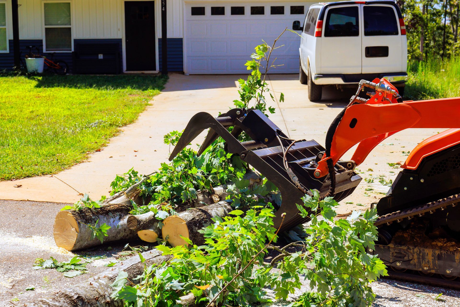 A small orange skid steer with grapple arms collects cut tree logs and branches on a driveway.