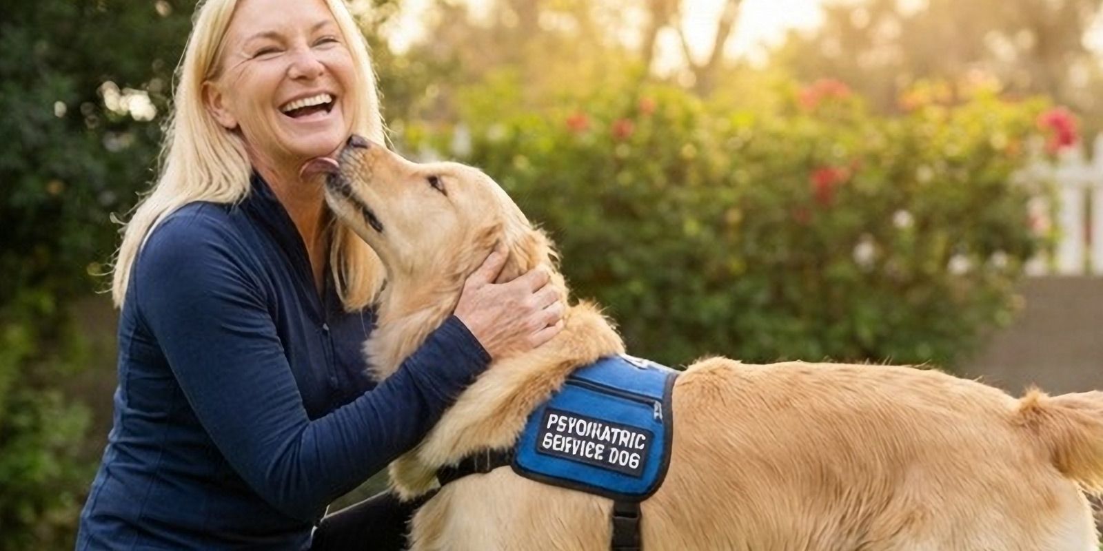 Maureen keene of Keene Kanine laughing during a Psychiatric Service Dog Training session as golden retriever dog licks her face outdoors. The dog wears a blue service vest.