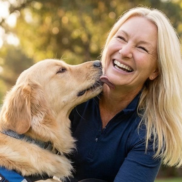 Maureen Keene laughs as a golden retriever licks her face outdoors during a Psychiatric Service Dog Training Session.