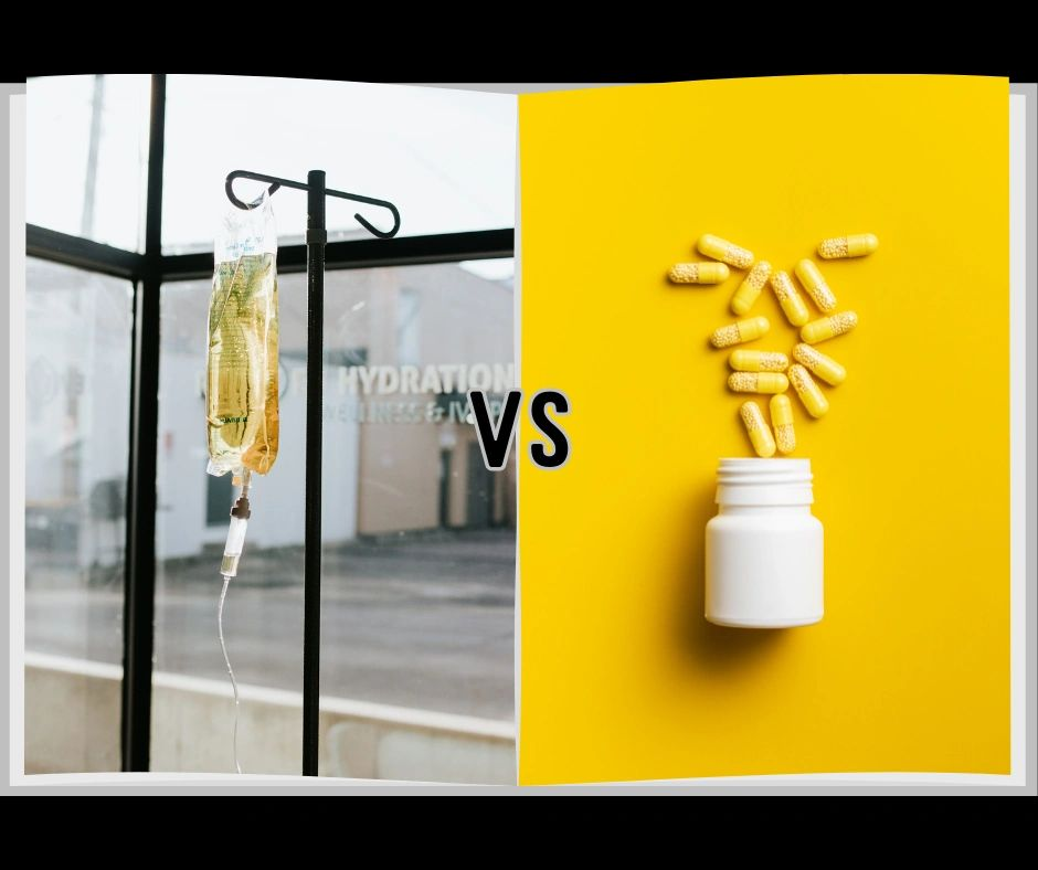 A picture of a drip and a picture of pills on a yellow background.