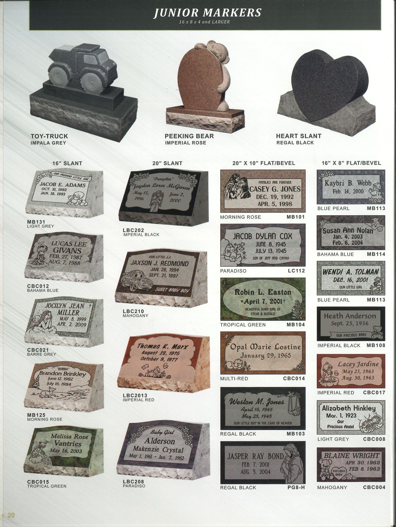 A brochure for junior markers shows many different types of grave markers