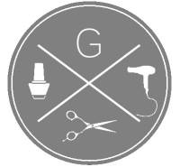 a logo for a hair salon with scissors , a nail polish , and a hair dryer .