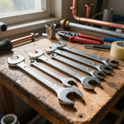 Wrenches and plumbing tools on a worn wooden workbench near a window