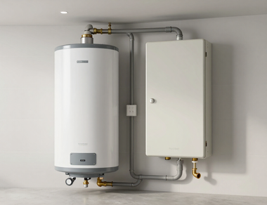 Two wall-mounted water heaters with gray pipes in a clean utility room