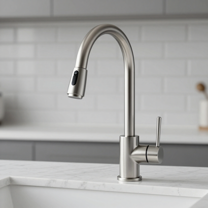 Stainless steel kitchen faucet over a white sink with a tiled backsplash
