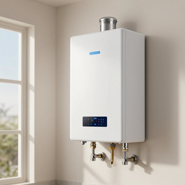 White wall-mounted tankless water heater with digital display above two pipes near a window