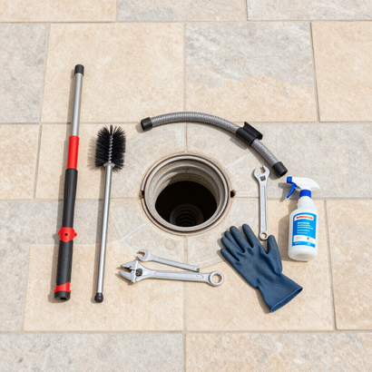 Plumbing drain cleaning tools arranged around an open floor drain on tile, with gloves and cleaner bottle