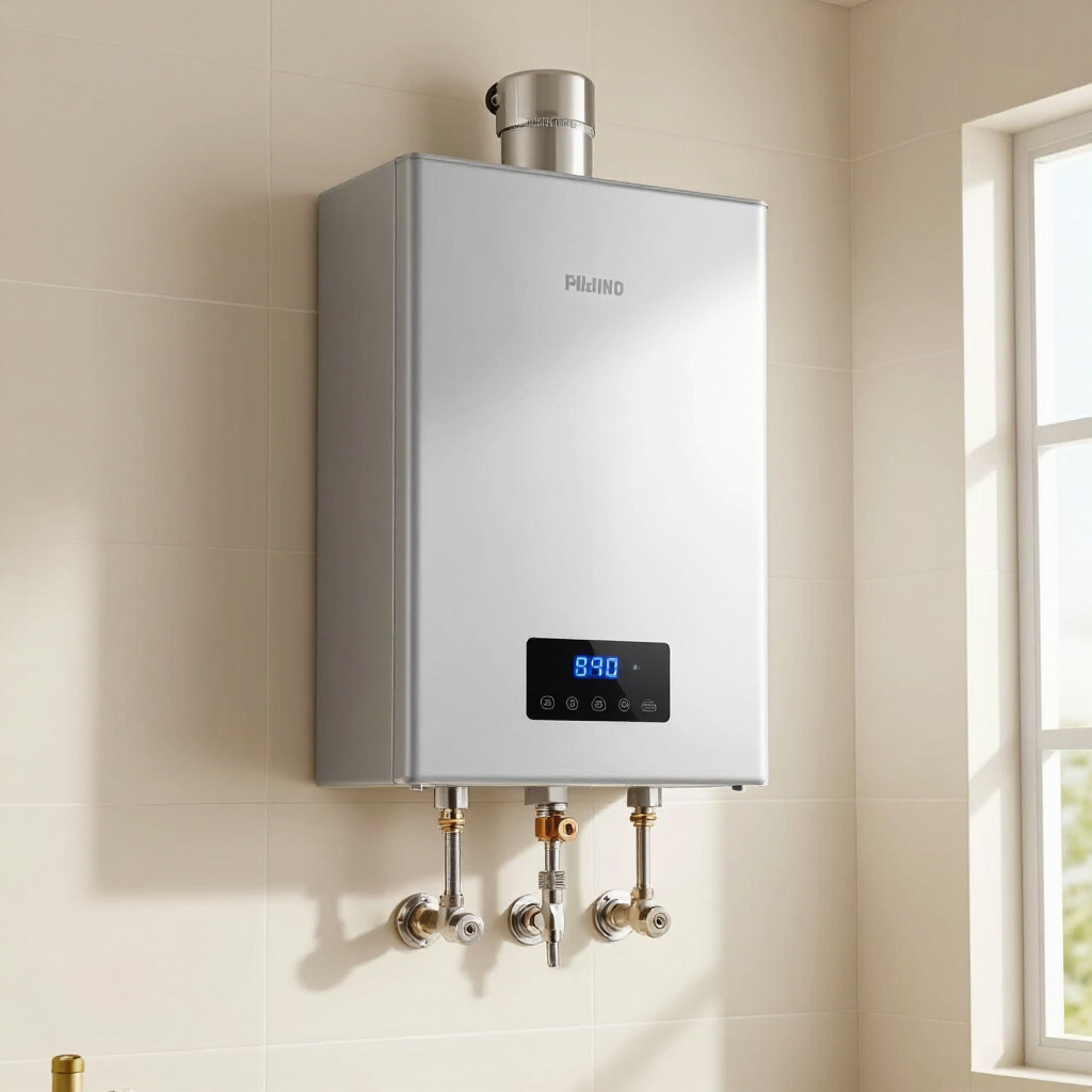 Wall-mounted silver water heater with digital display in a tiled bathroom near a window