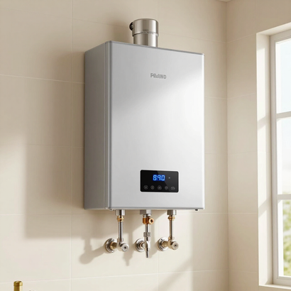 Wall-mounted silver water heater with digital display in a tiled bathroom near a window