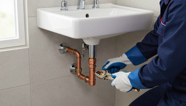 Plumber repairing copper pipes under a white bathroom sink with a wrench