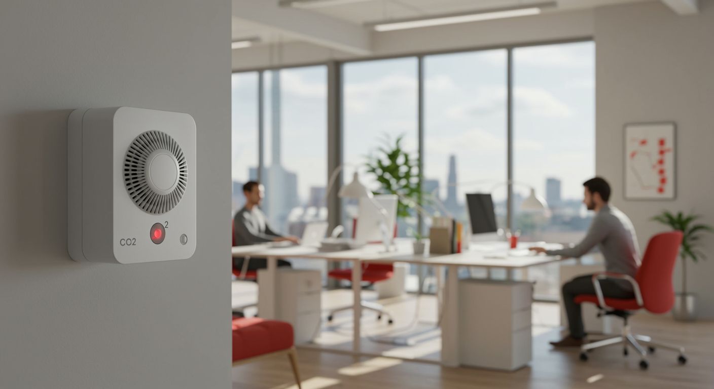 CO₂-Sensor an der Wand in einem modernen Büro – Raumluftqualität am Arbeitsplatz messen