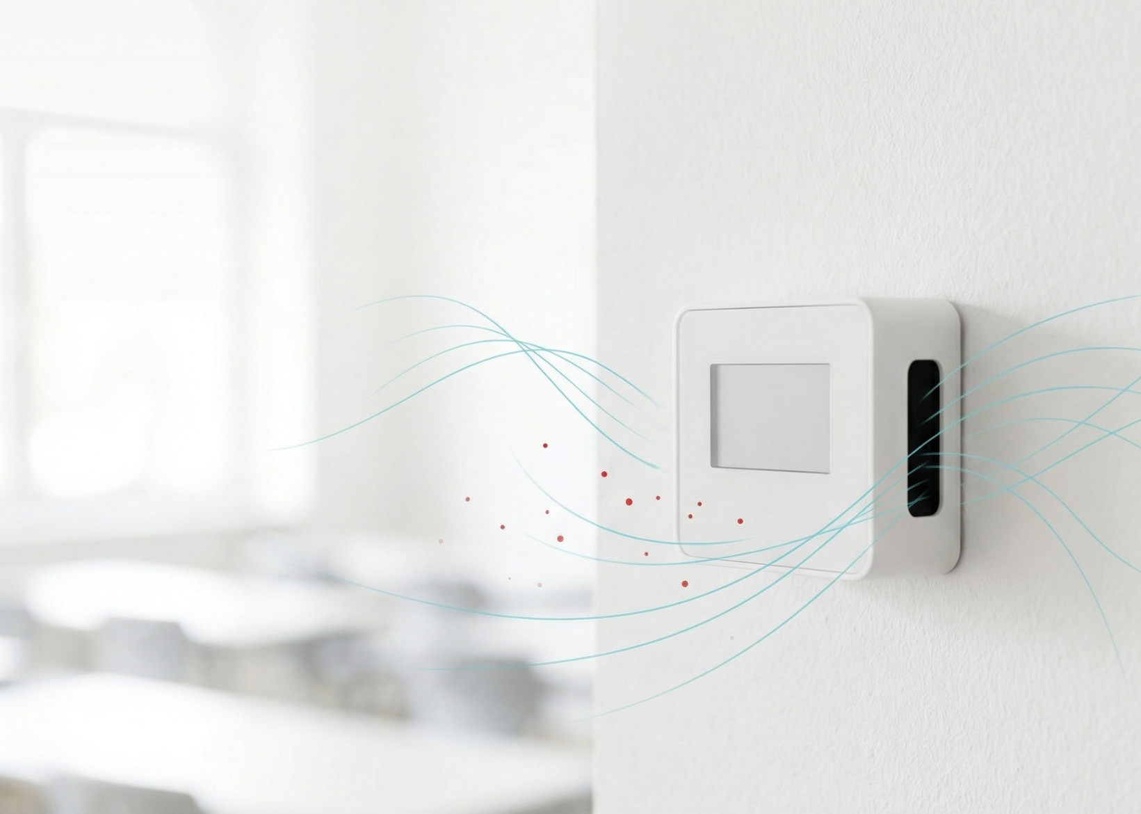 White air quality monitor on wall with animated particles, in a classroom.