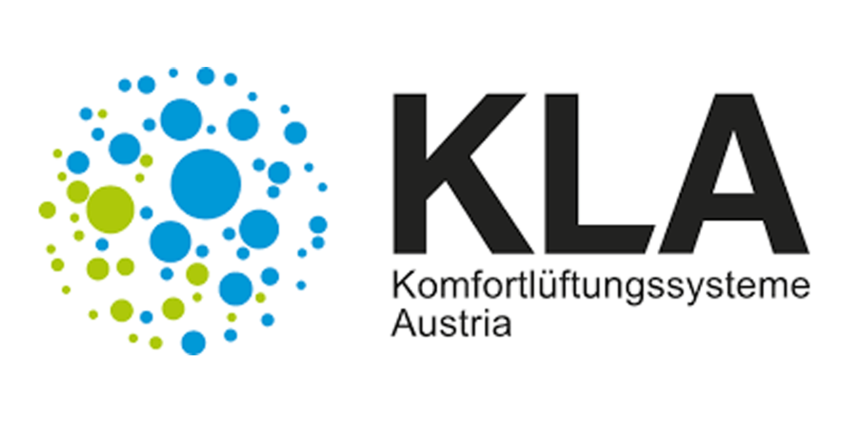 Ein Logo mit blauen und grünen Punkten, die einen Kreis bilden, daneben der schwarze Schriftzug „KLA Komfortlüftungssysteme Austria“.