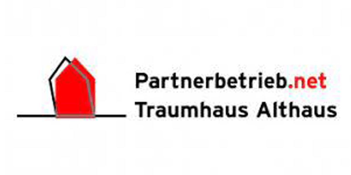 Ein Logo mit einem roten, stilisierten Hausmotiv und dem schwarzen Schriftzug „Partnerbetrieb.net Traumhaus Althaus“.