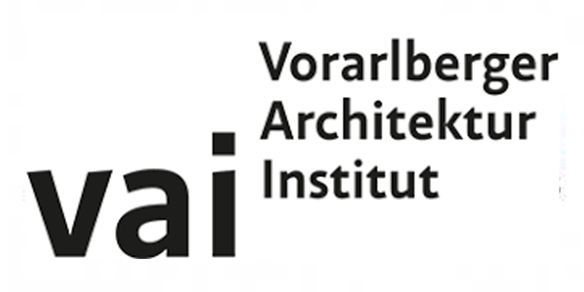 Ein minimalistisches Logo mit schwarzem Schriftzug „Vorarlberger Architektur Institut“ und den großen Buchstaben „vai“ links daneben.