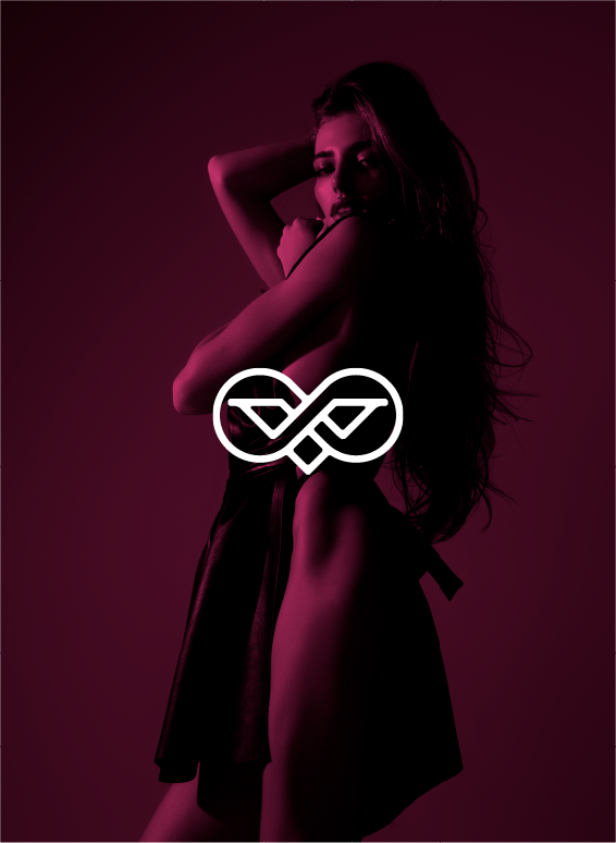 Woman in silhouette, posed with arm raised, covering herself. The background is dark magenta. A white emblem covers her torso.