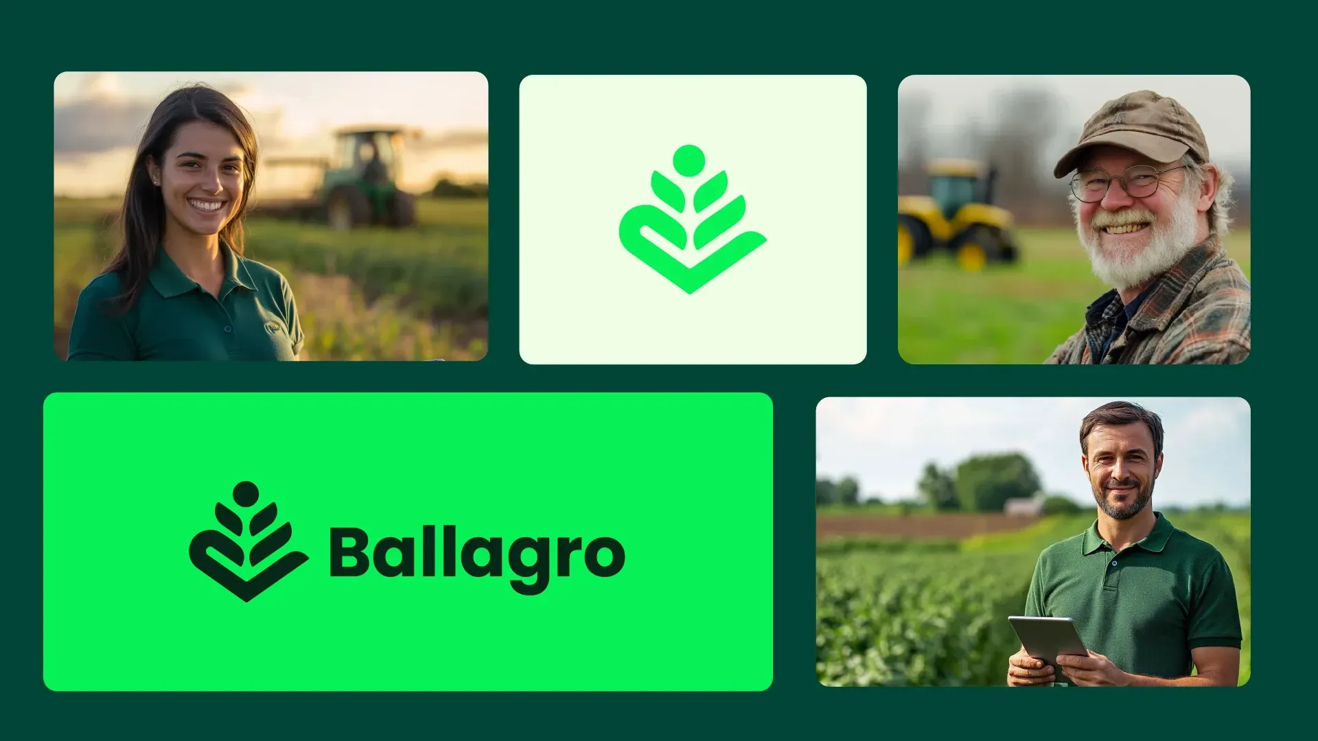A collage featuring a logo and farmers. The logo is a green leaf design above the word 