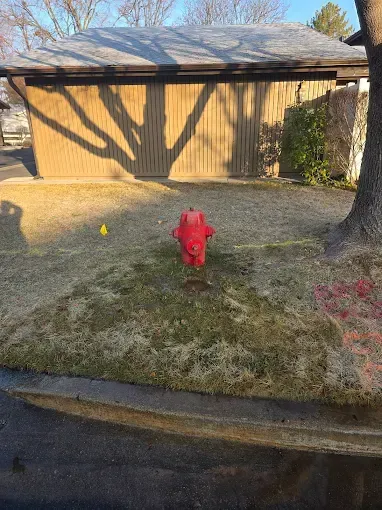 A red fire hydrant sits on a patch of grass in front of a tan-colored garage with tree shadows cast upon it.