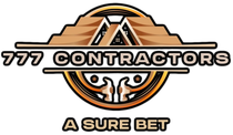 Logo for 777 Contractors featuring an orange roof icon, two hammers in a circle, and the text "A SURE BET" in beige.