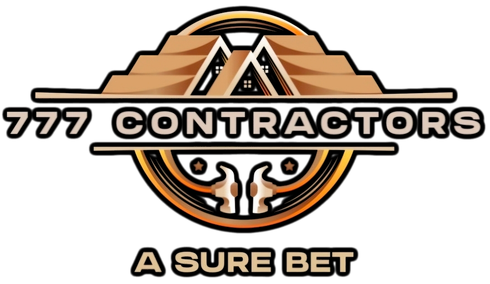 Logo for 777 Contractors featuring an orange roof icon, two hammers in a circle, and the text "A SURE BET" in beige.