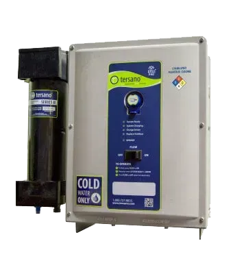 Water filtration system, gray metal box with attached black cylinder; blue and white label detailing cold water only and product information.