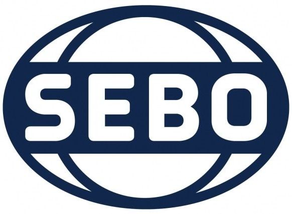 SEBO logo in navy blue, text inside an oval with globe-like lines.