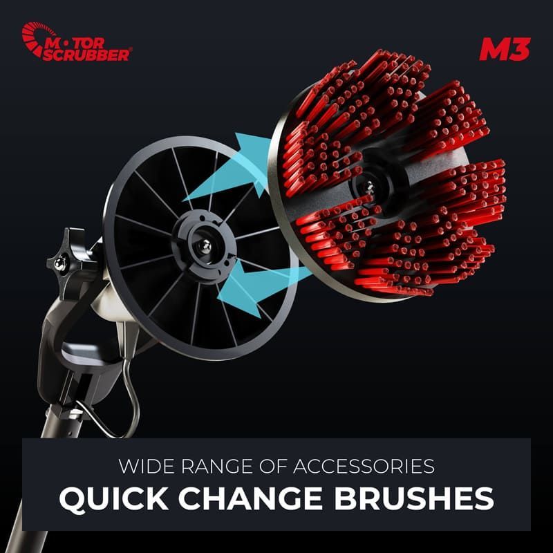M3 Top Scrubber with quick-change red brushes and wide range of accessories, shown against a black background.