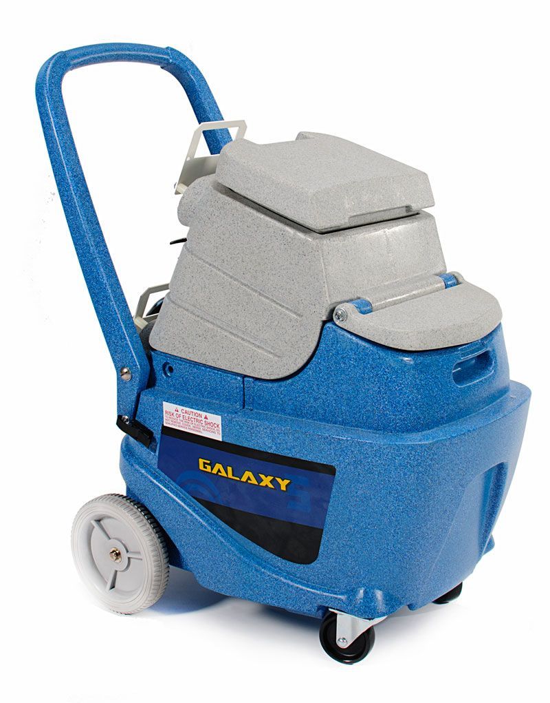 Blue and gray Galaxy carpet cleaning machine with a stainless steel wand and cleaning head.