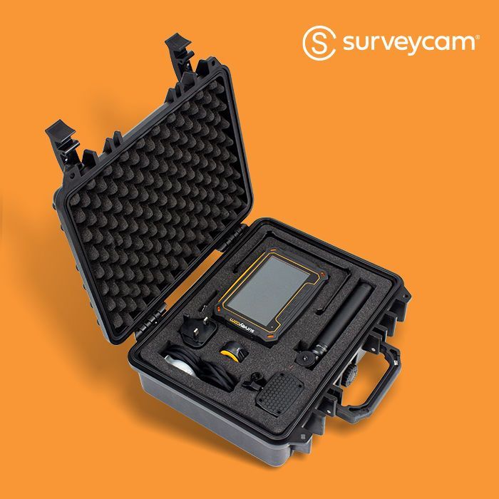 Open Surveycam case with equipment against an orange background.