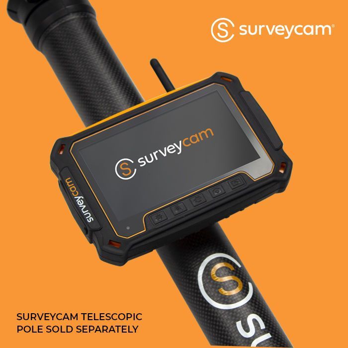Surveycam monitor attached to a black and white pole. Features an orange border, and the brand's logo.