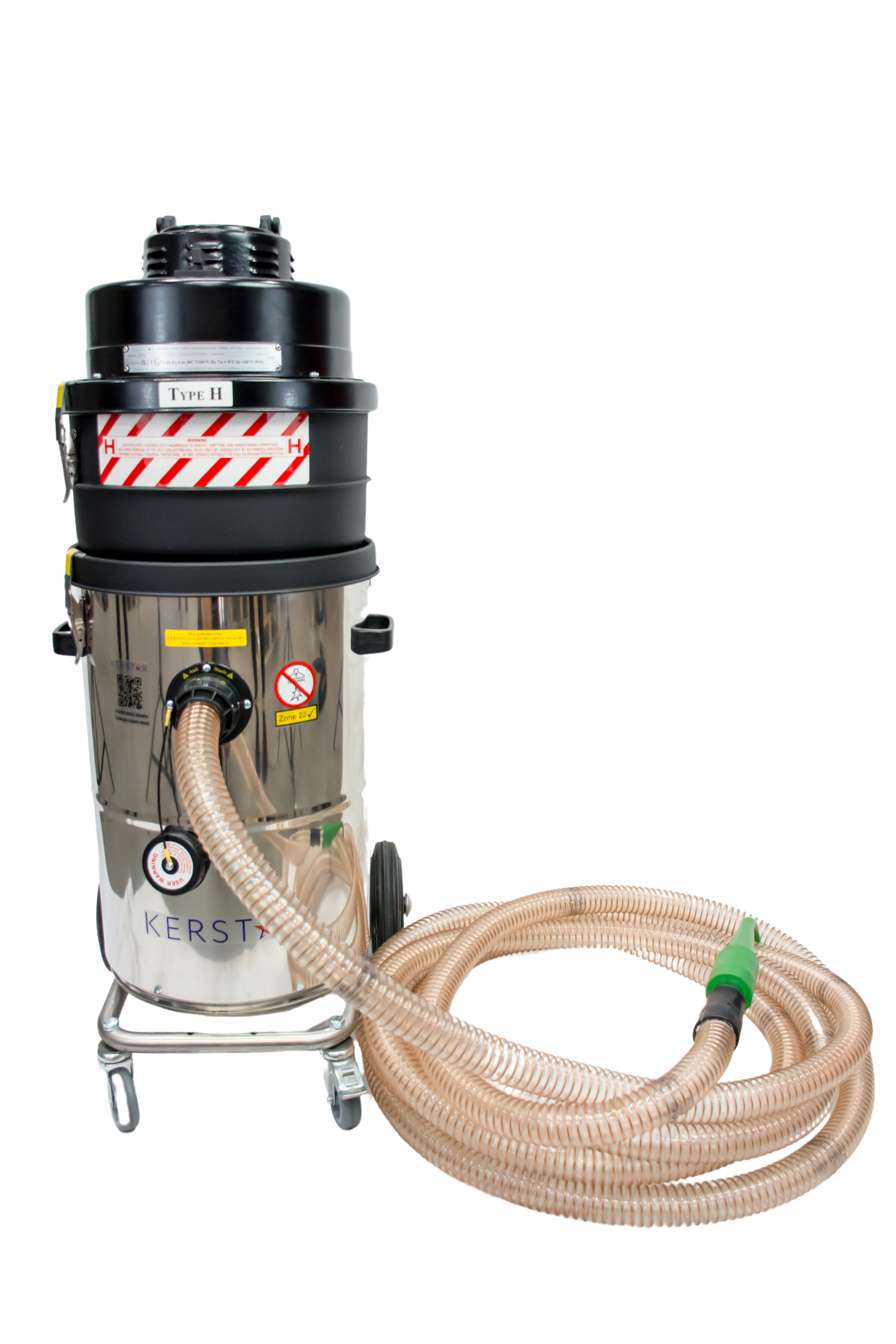 Kerstar industrial vacuum cleaner, stainless steel body, black top, wheels.