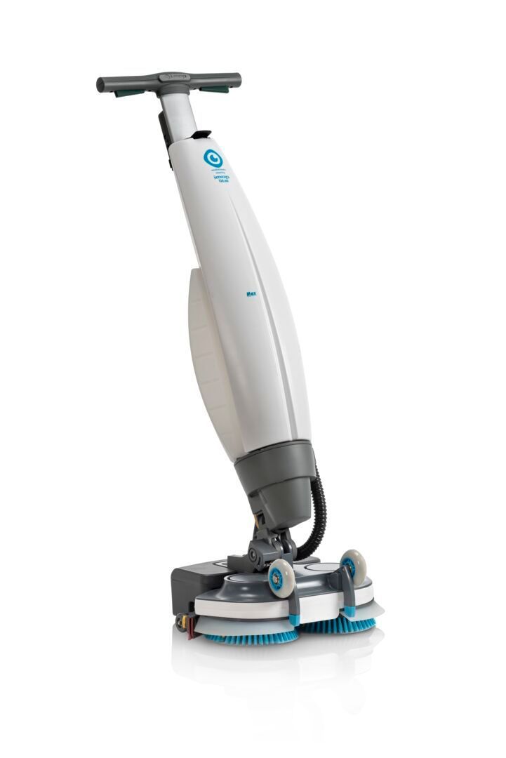 White and gray electric floor scrubber with blue brushes.