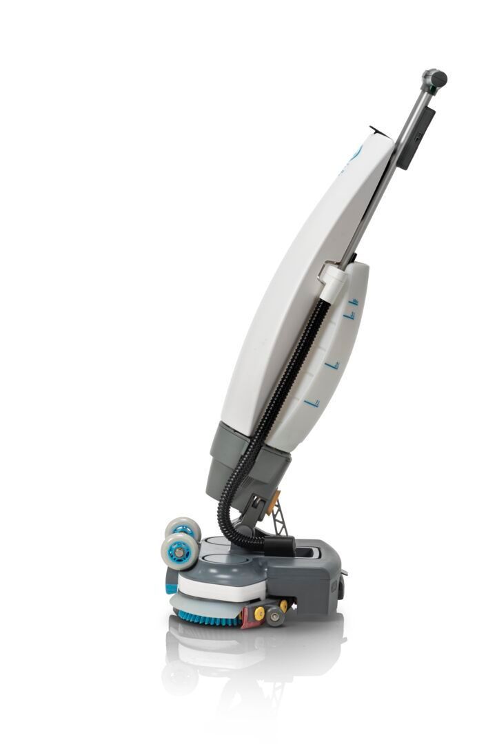 White and gray electric floor scrubber with blue brushes.